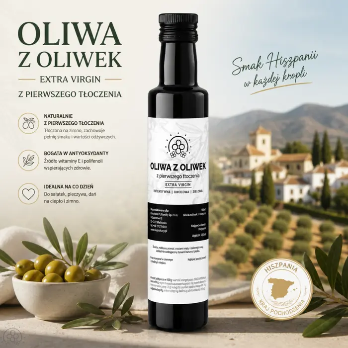 Hiszpańska oliwa z oliwek Extra Virgin — baner „Smak Hiszpanii w każdej kropli”