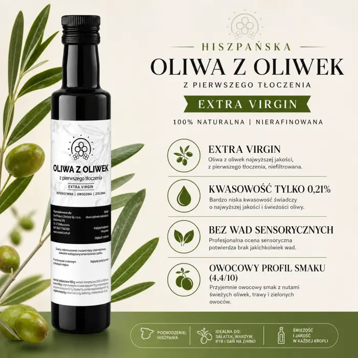 Hiszpańska oliwa z oliwek Extra Virgin — infografika: extra virgin, kwasowość 0,21%, bez wad sensorycznych
